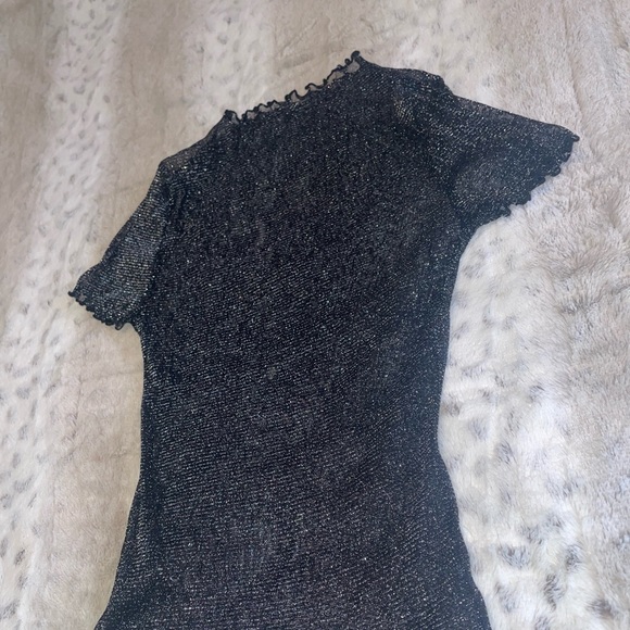 Size Small Women's Sheer Black Mesh Lettuce Trim Glitter Short Sleeve Top - Picture 4 of 16